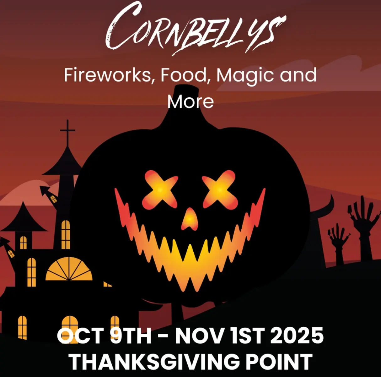 Promotional image for Cornbellys featuring a spooky pumpkin and a haunted house background.