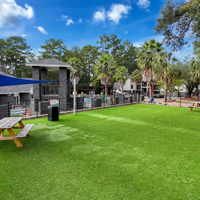 Lush Park Area with Picnic Tables A green grassy area in a park featuring a picnic table, palm trees, and nearby facilities. The sky is partly cloudy.