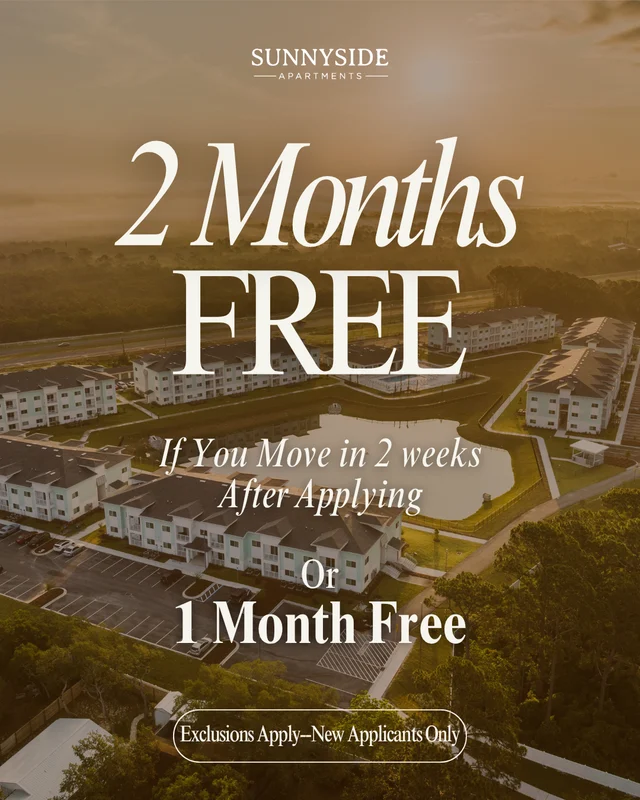 Promotional advertisement for Sunnyside Apartments showcasing a scenic view of the apartment complex with a special offer.