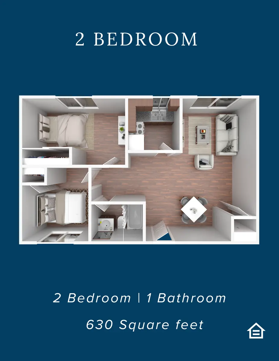 An architectural floor plan layout showing a 2-bedroom apartment with one bathroom, designed in a modern style. The layout includes labeled spaces for each room and dimensions.