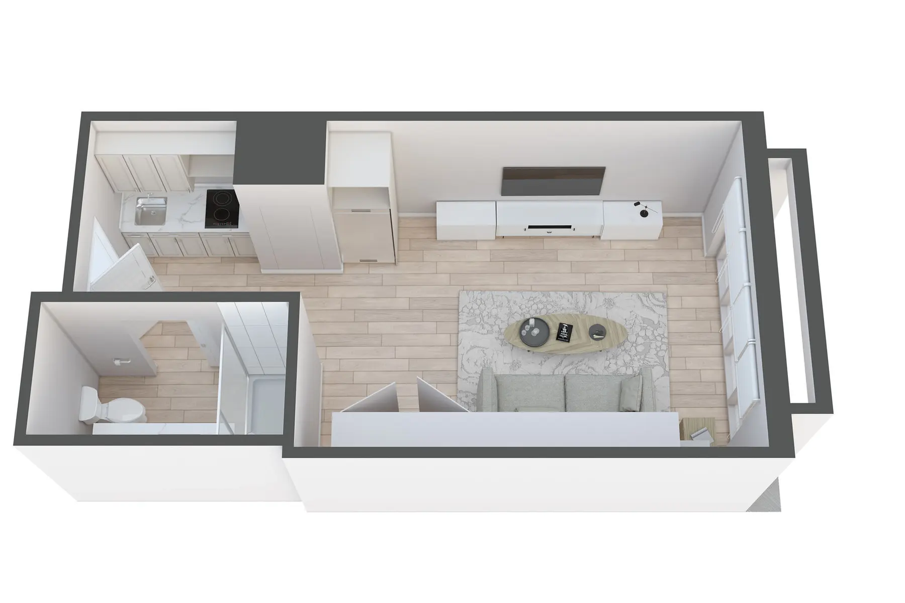 A top-down view of a small apartment layout featuring a living area, kitchen, and a separate bathroom.