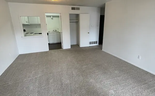 Spacious Empty Living Room A spacious empty living room with light gray carpet and white walls, featuring a ceiling light and an open entrance to a kitchen area.
