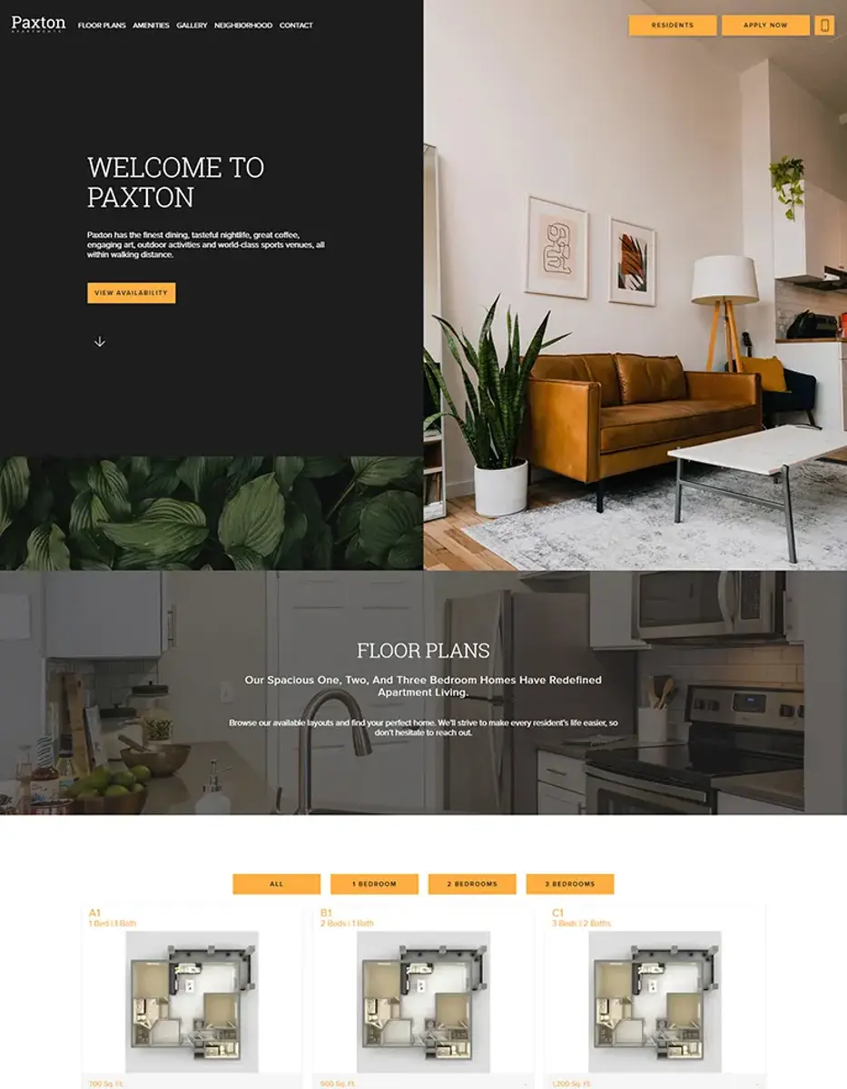 A modern website design showcasing a living room with a brown couch, accompanied by a kitchen layout and floor plans.
