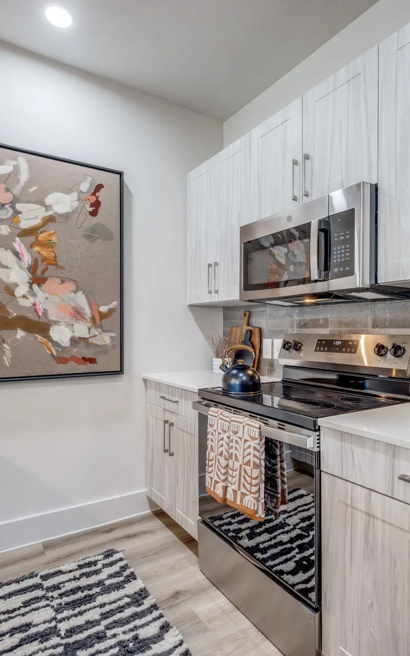 Contemporary Kitchen Interior A modern kitchen featuring light wood cabinetry, stainless steel appliances, and a colorful abstract painting on the wall. There's a striped rug on the floor and decorative elements on the countertop.