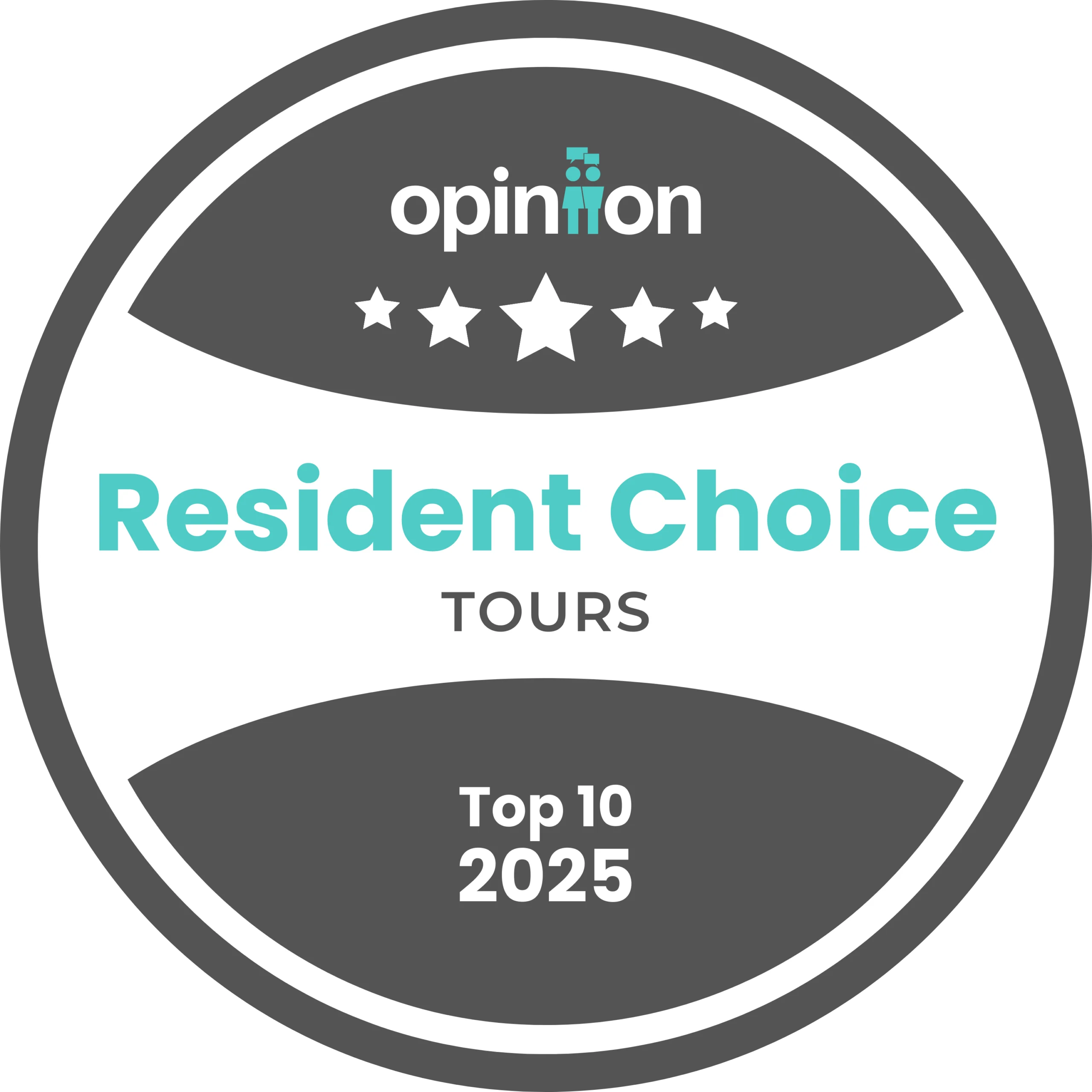 Badge representing Resident Choice Tours, Top 10 award for 2025 by Opinion.
