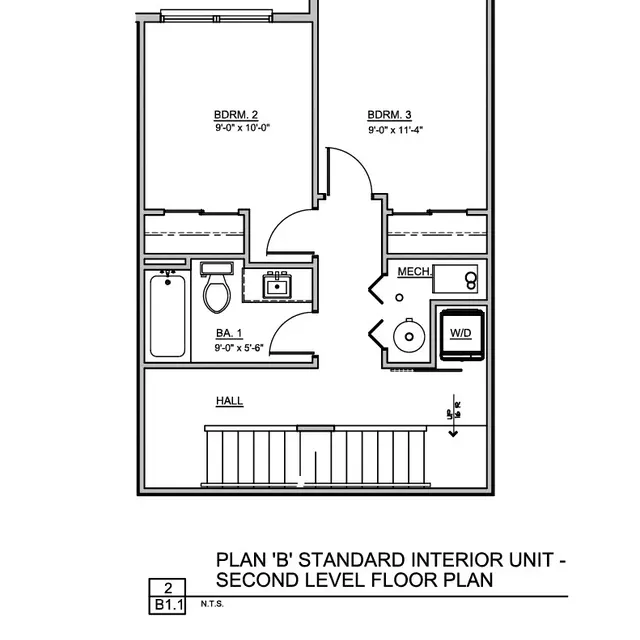 Blueprint of a second level floor plan for a standard interior unit. It shows three bedrooms, one bathroom, a mechanical room, and a hallway.