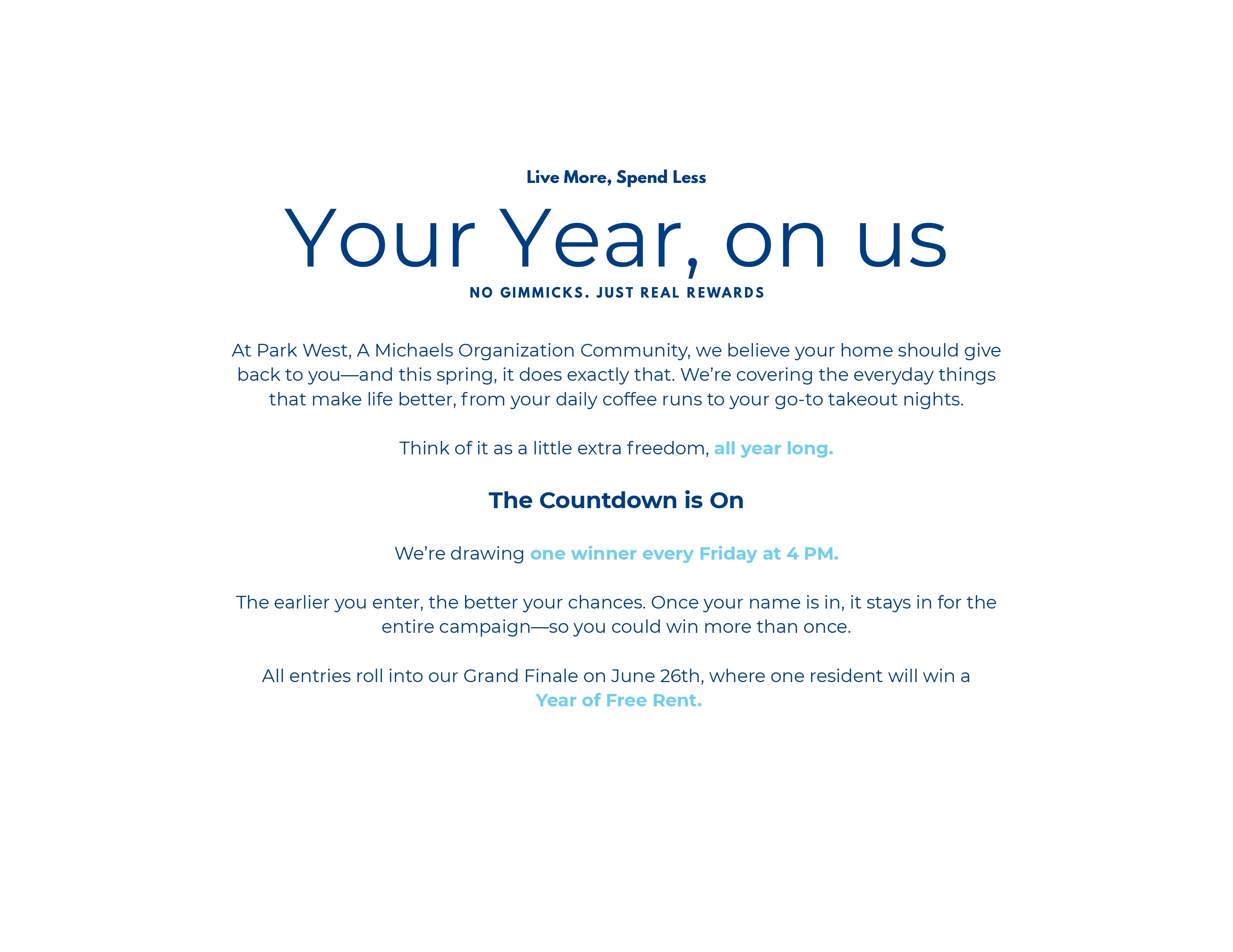 Promotional flyer for a rewards program titled 'Your Year, on us' from Park West, outlining details about raffles and benefits.