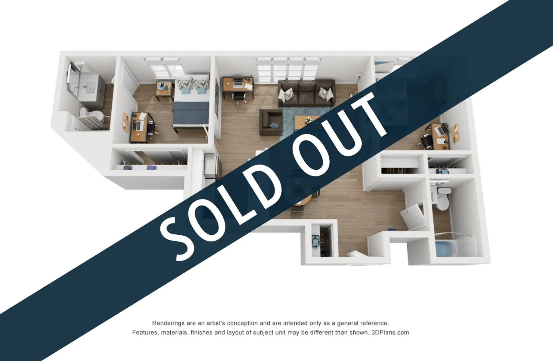 A 3D floor plan rendering of an apartment layout, marked with the text 'SOLD OUT' across the center.