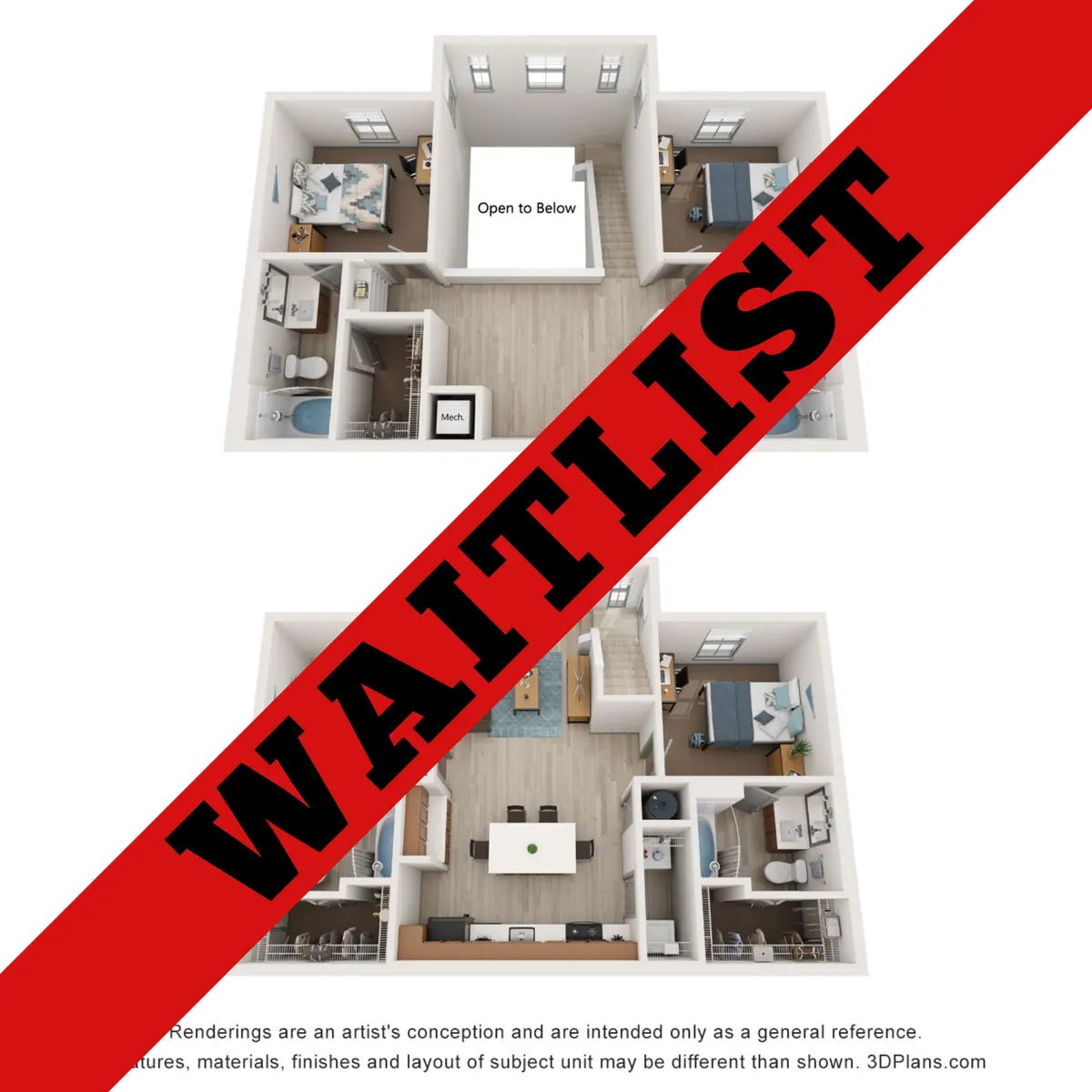 Apartment Floor Plan with Waitlist Status A two-dimensional architectural rendering of a floor plan, showing various rooms in an apartment layout with the text 'WAITLIST' overlaying the image.