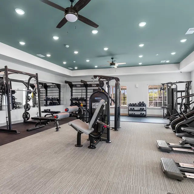 A spacious modern gym with various workout equipment including weight machines, a bench press, and cardio machines, featuring good lighting and a sleek design.