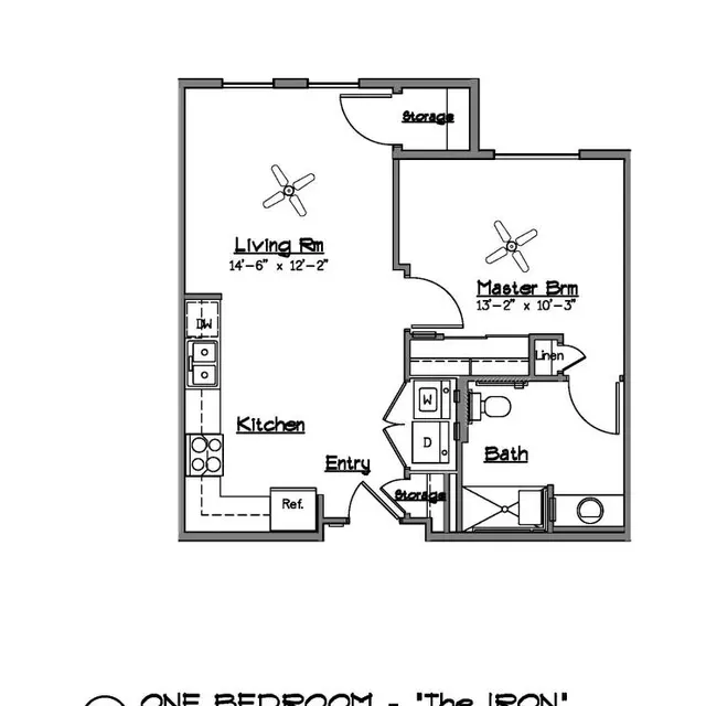A floor plan of a one-bedroom apartment named 'The Iron,' featuring a living room, kitchen, master bedroom, bath, and entry area.