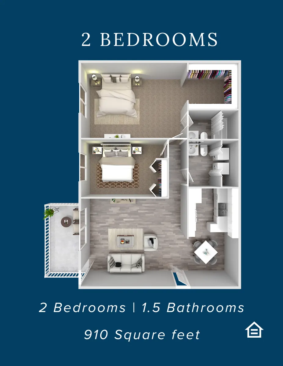 A floor plan showing a two-bedroom apartment layout. It includes 1.5 bathrooms, a living area, and a kitchen. The total area is 910 square feet.