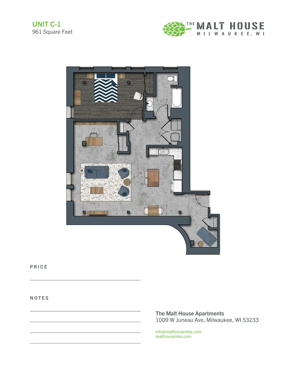 Floor plan of Unit C-1 at The Malt House Apartments in Milwaukee, WI, showcasing a layout of living spaces including a living room, kitchen, and bedroom areas.