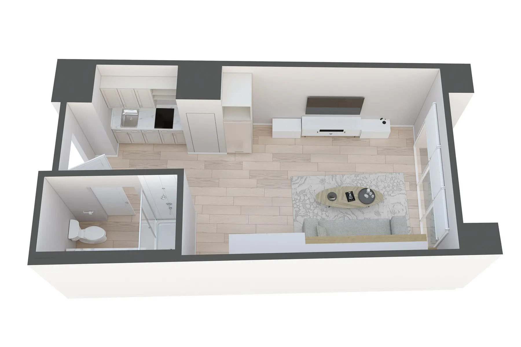Compact Apartment Layout An overhead view of a small apartment layout featuring a combined living room and kitchen area, alongside a separate bathroom.