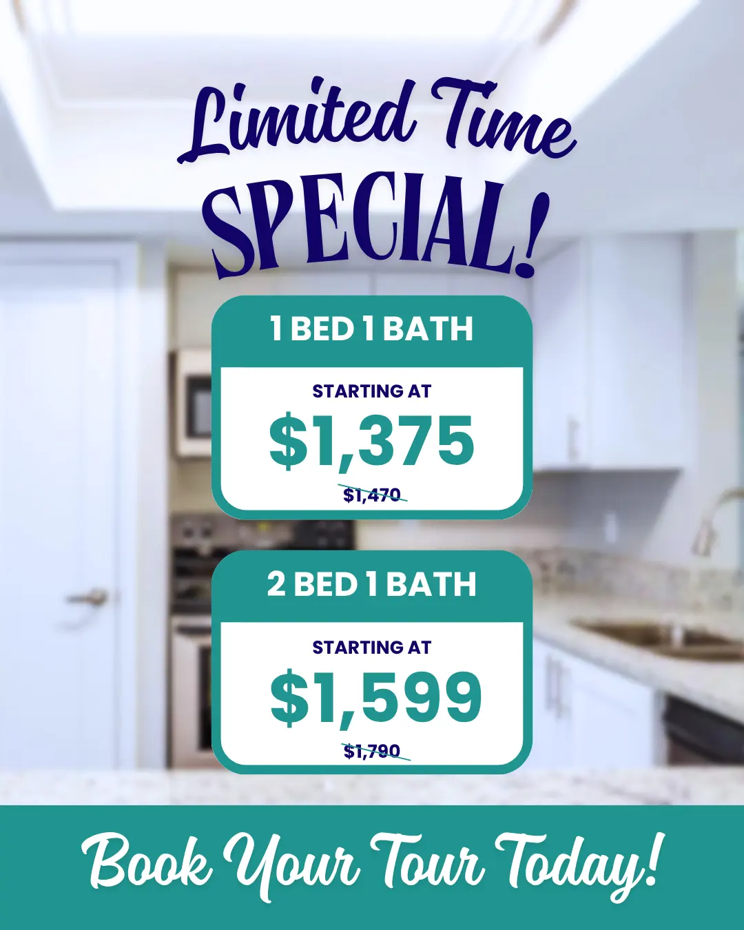 Promotional image for apartment rentals featuring pricing. 1 bed 1 bath starting at $1,375 and 2 bed 1 bath starting at $1,599. The background shows a modern kitchen.