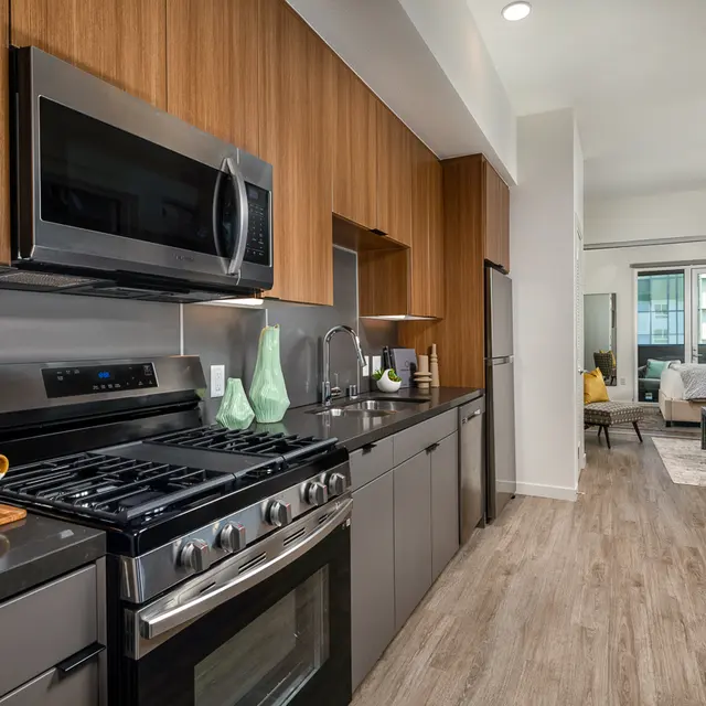 Stylish Modern Kitchen in Contemporary Design A modern kitchen featuring stainless steel appliances, dark cabinets, and wooden accents, leading to a bright living area in the background.