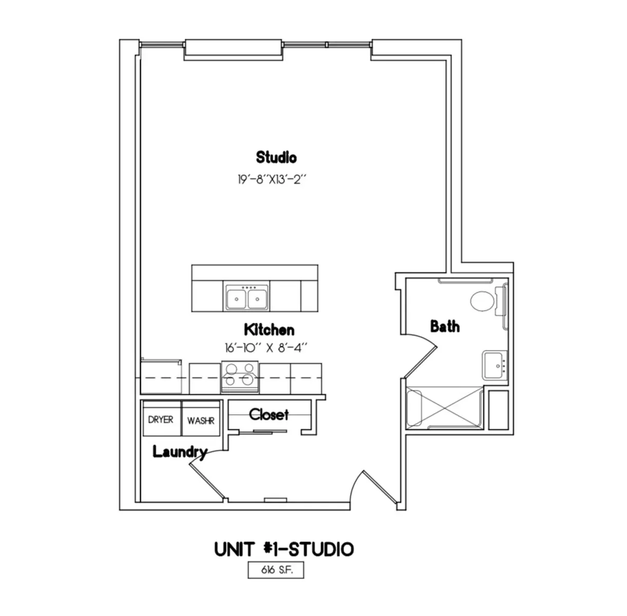 Studio Apartment Floor Plan A floor plan of a studio apartment featuring a kitchen, laundry area, closet, bathroom, and designated studio space.
