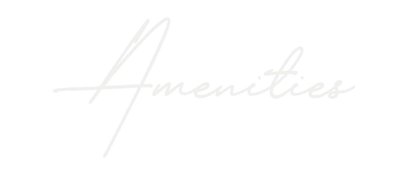 Text graphic featuring the word 'Amenities' in a stylish script on a green background.