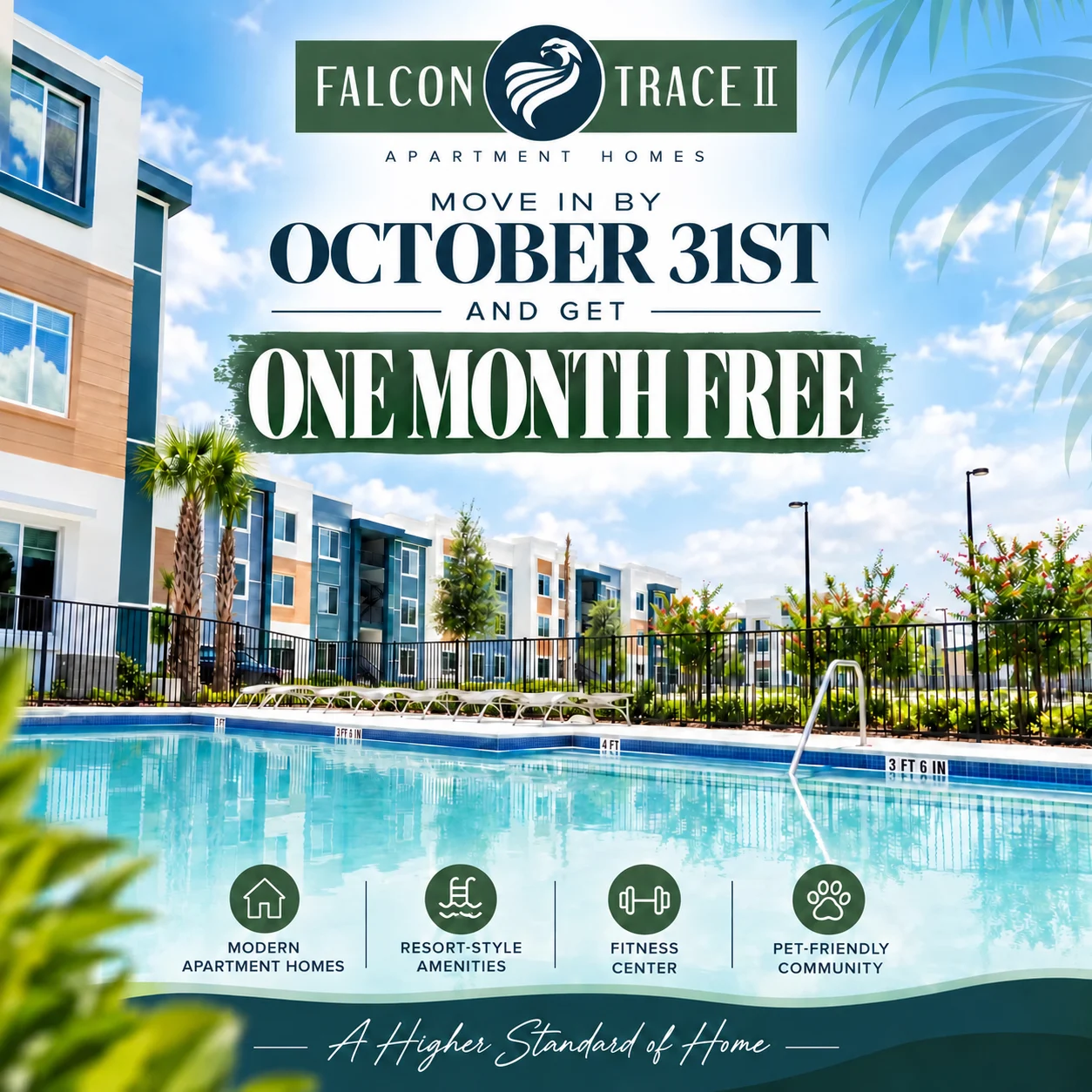 Promotional image for Falcon Trace II apartment homes with a swimming pool and modern building facade