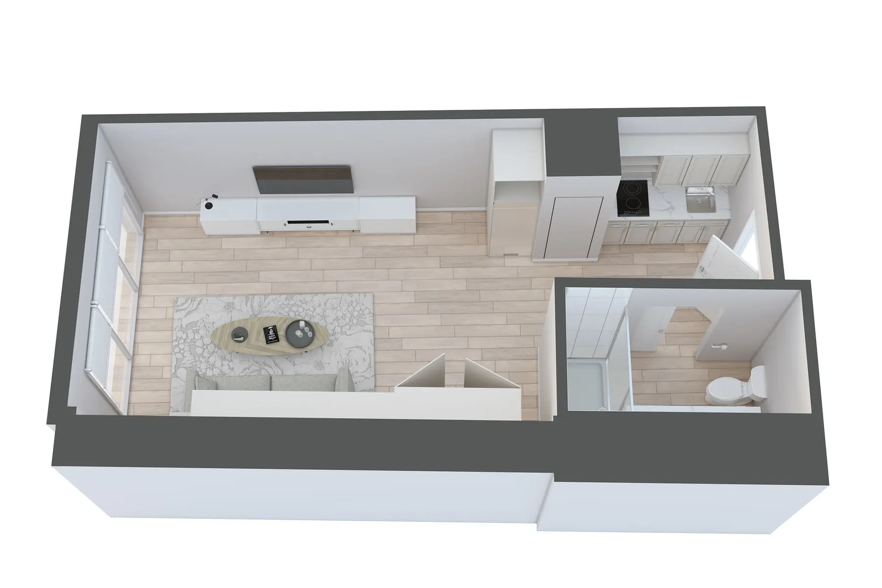 Aerial view of a modern apartment layout featuring a living area, kitchen, and bathroom.