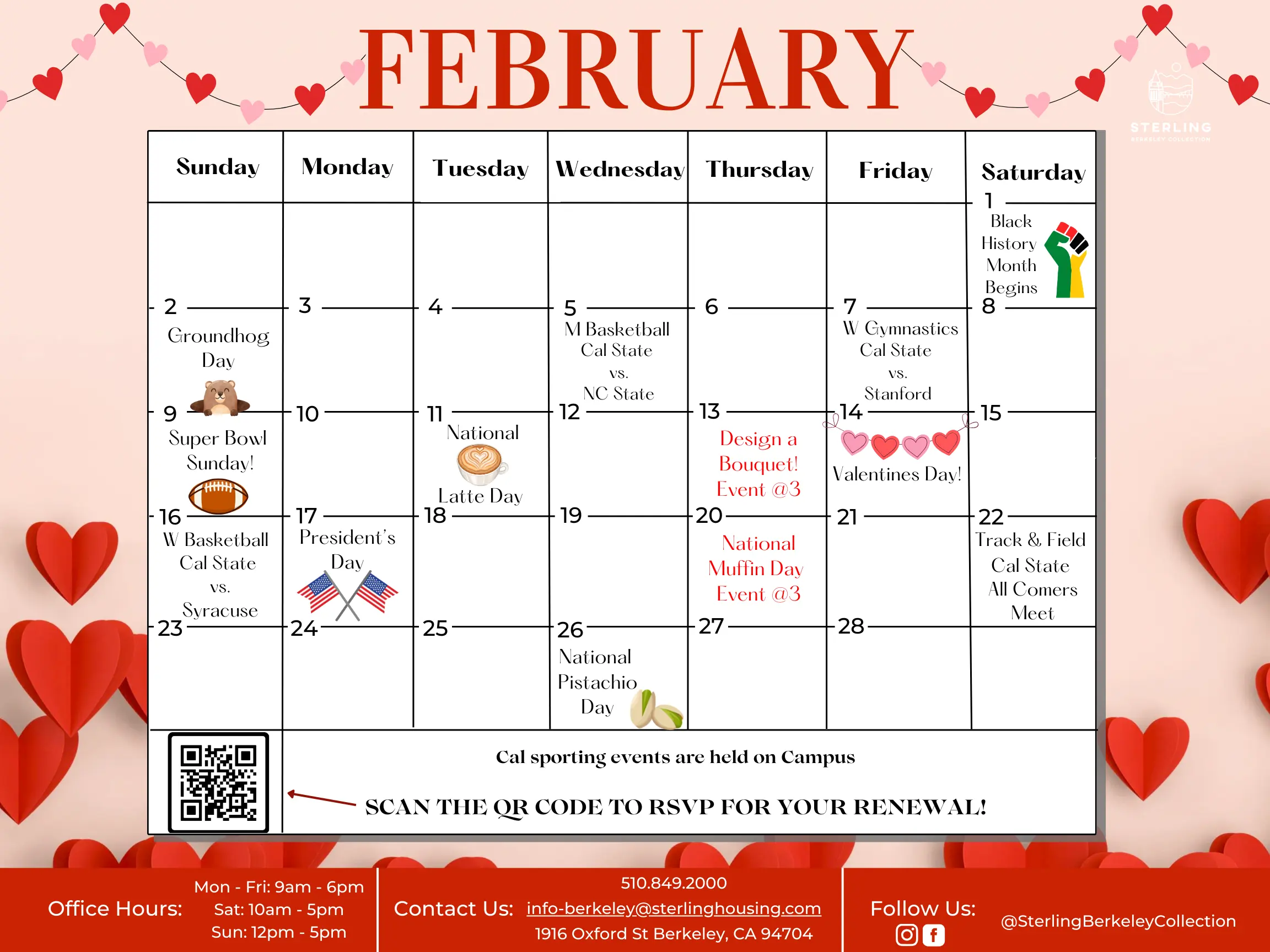 A calendar for February filled with events and reminders. Features dates and special days marked, such as Super Bowl Sunday, National Latte Day, and Valentine's Day. Hearts decor embellish the design.