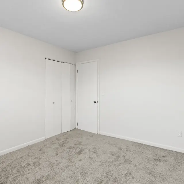 A sparsely furnished room with light gray walls and beige carpeting. There is a ceiling light fixture and two closet doors on one side. The room appears empty with no furniture or decorations.