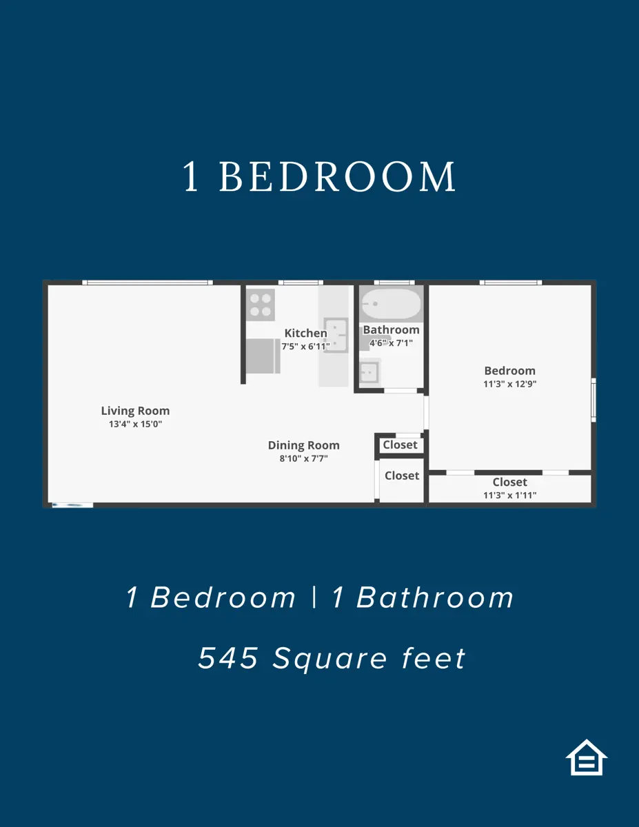 A floor plan for a 1-bedroom apartment showing the layout of rooms including the living room, kitchen, bathroom, bedroom, dining room, and closets.