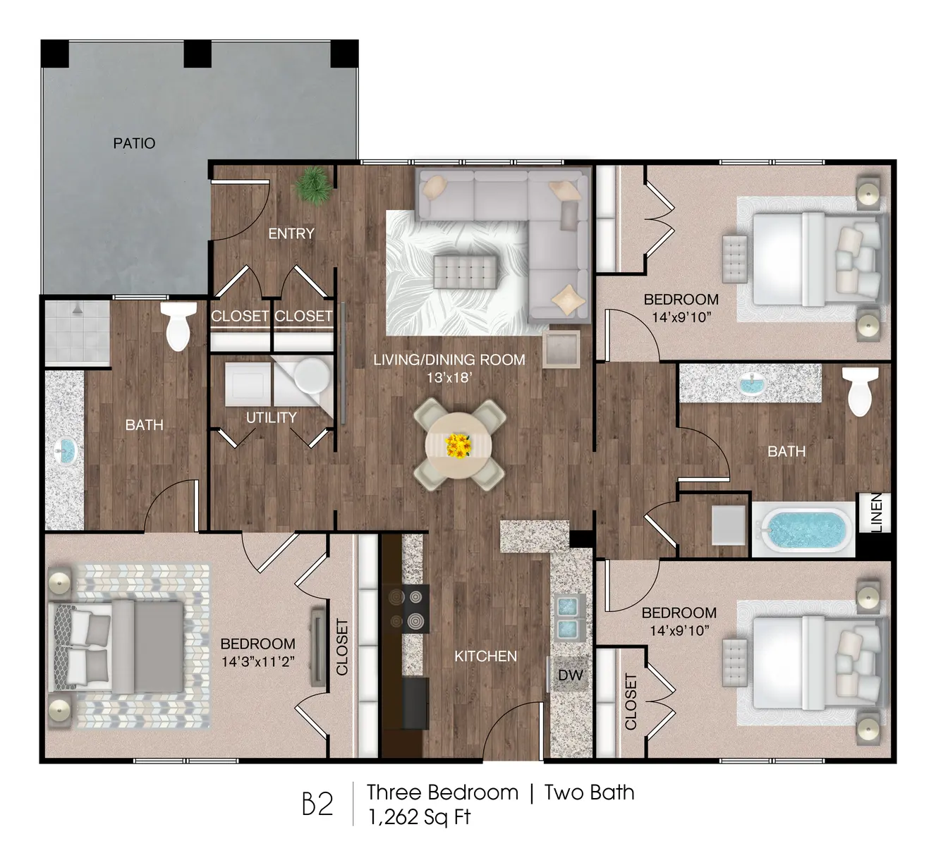 A detailed floor plan of a three-bedroom, two-bath apartment featuring a living/dining room, kitchen, and patio.