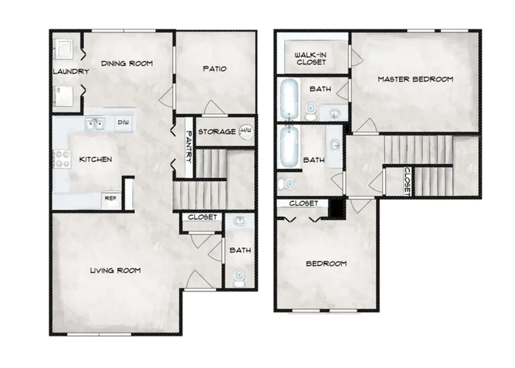 A detailed floor plan of a two-story house featuring various rooms such as a kitchen, living room, dining room, patio, laundry, bedrooms, and bathrooms.