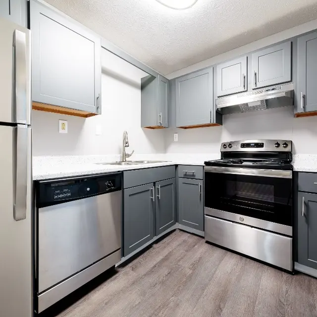 Modern kitchen featuring gray cabinetry, stainless steel appliances, and a light countertop. Wooden flooring completes the design.