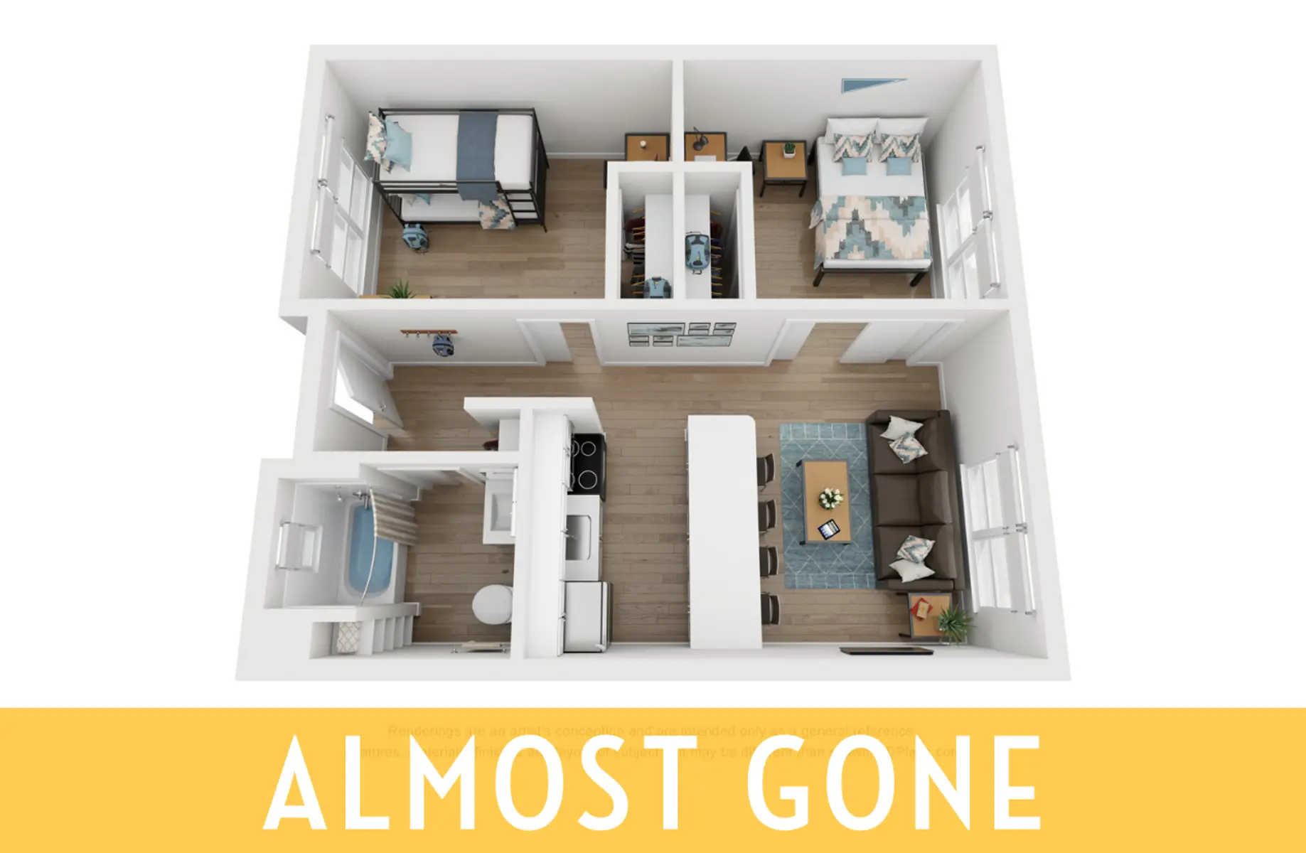 A 3D rendering of an apartment layout with labeled rooms, including bedrooms, living area, and kitchen, overlaid with the text 'ALMOST GONE' at the bottom.