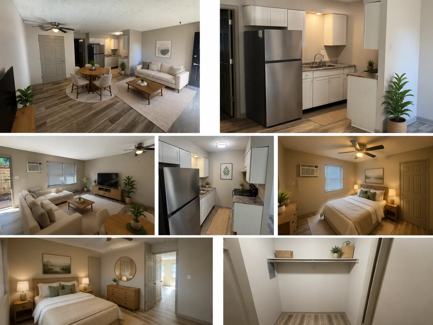 Stylish Apartment Interior Collage of an apartment showing the living room, kitchen, bedroom, and laundry area with contemporary furnishings.