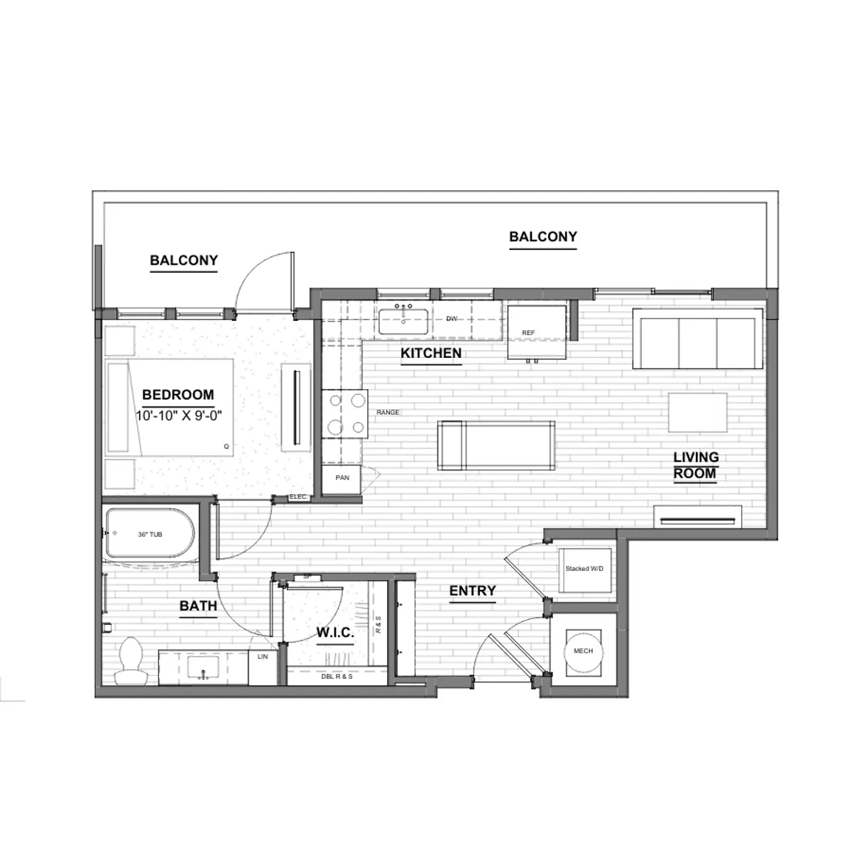 One-Bedroom Apartment Floor Plan A detailed floor plan layout of an apartment, featuring a bedroom, kitchen, living room, bath, entryway, and two balconies.