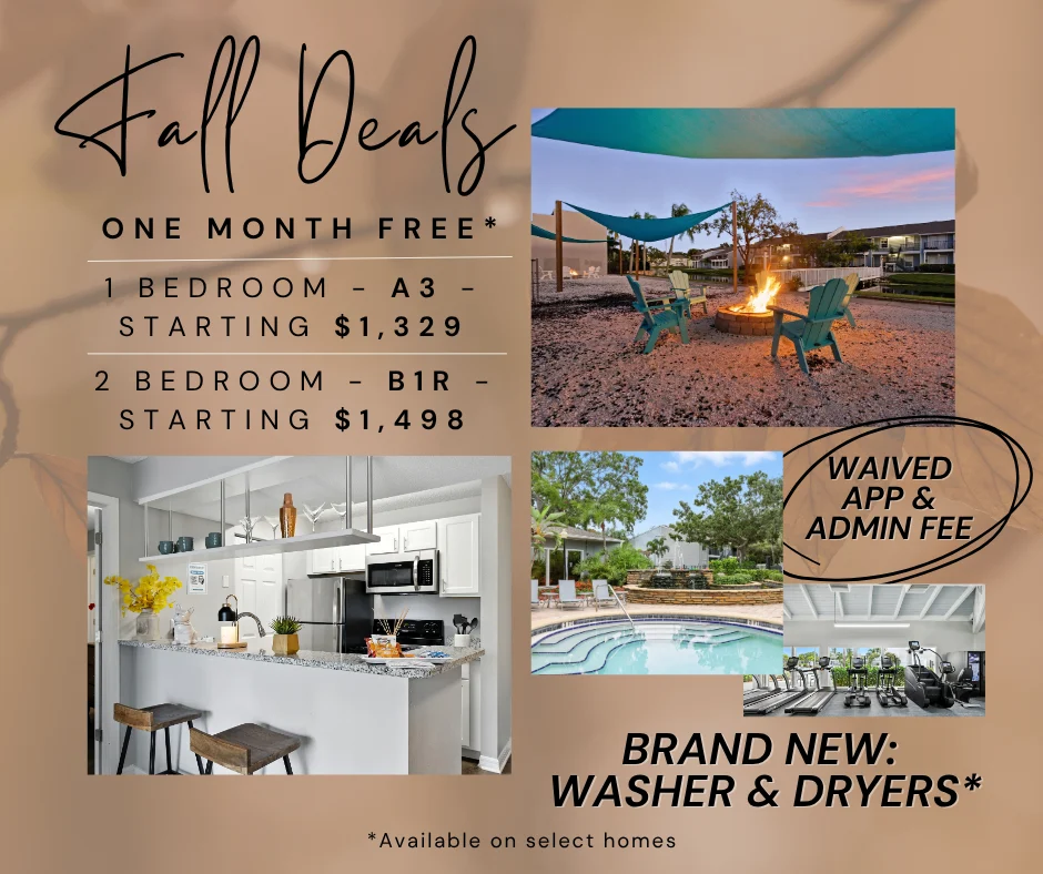 Promotional flyer featuring fall deals for 1 and 2 bedroom apartments, including pricing and amenities.