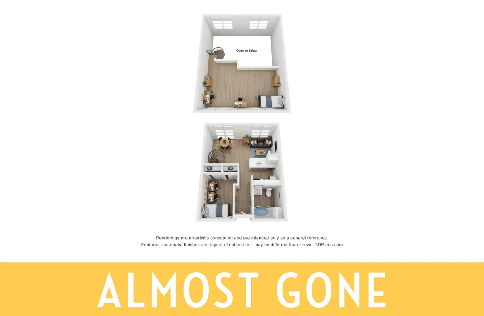 An artistic rendering of a two-story floor plan showcasing various rooms and a prominent 'Almost Gone' message at the bottom.