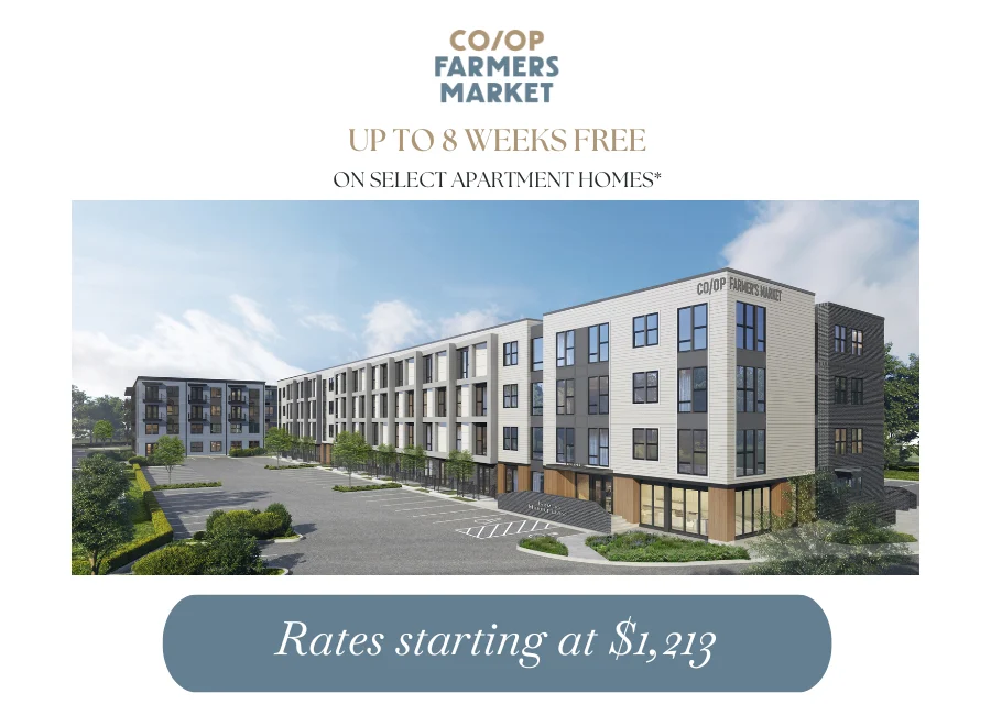 CO/OP Farmers Market Apartment Promotion A modern apartment complex featuring a spacious parking area and landscaped surroundings, with promotional text indicating offers on select apartments.