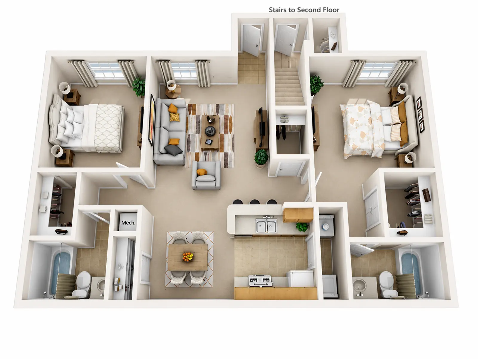 A detailed floor plan of a two-story apartment layout featuring living spaces, bedrooms, and bathrooms.