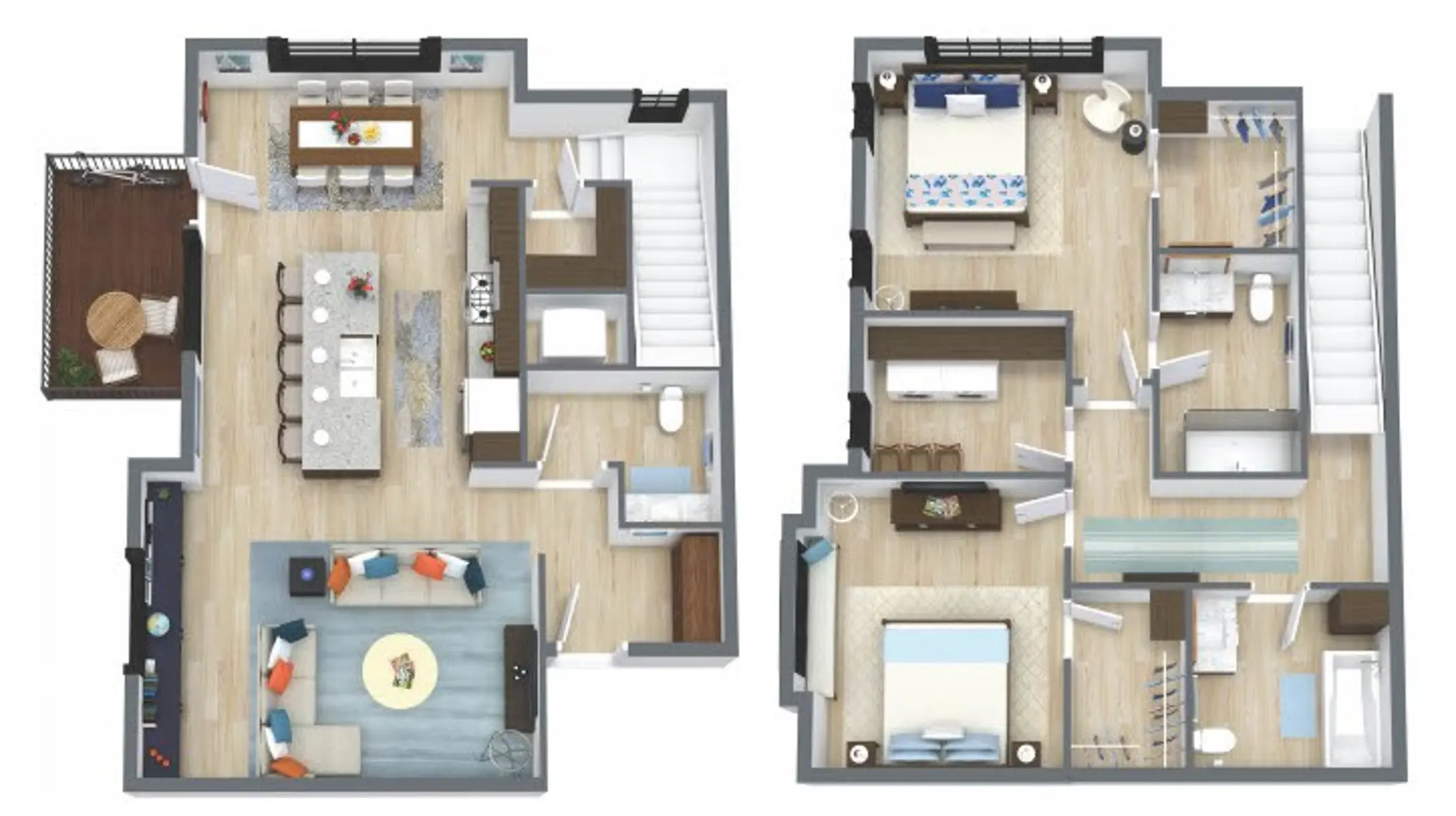 Two-Story Modern Apartment Floor Plan A digital architectural floor plan showing two levels of a modern apartment layout with living areas, bedrooms, and outdoor spaces.