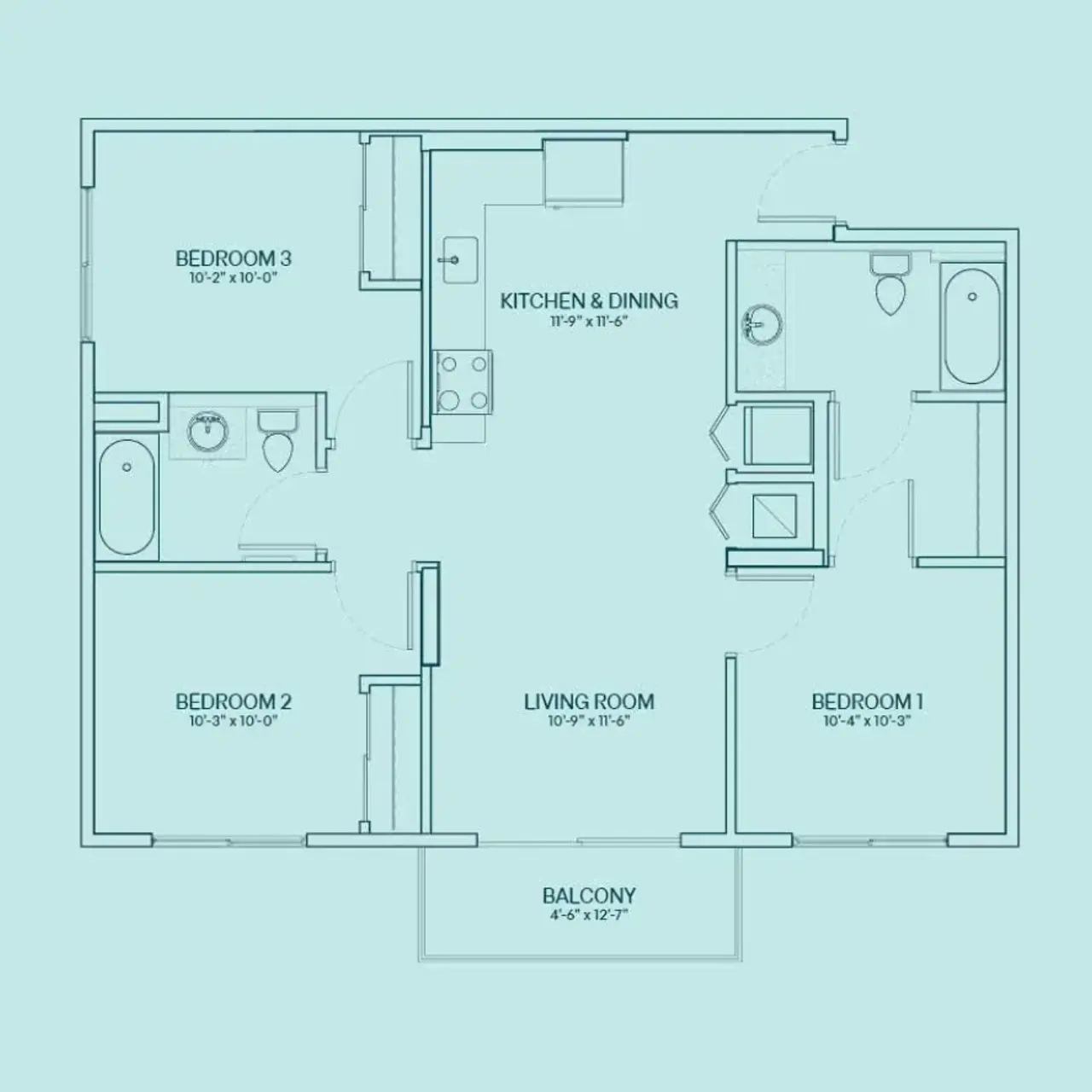 Resia Biscayne Drive Floor plan of an apartment featuring three bedrooms, a living room, a kitchen and dining area, two bathrooms, and a balcony.