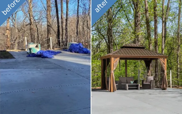 A side-by-side comparison of a backyard before and after renovation. The left side shows a bare, unsightly concrete area with some tarps and a sparse tree line. The right side displays a beautifully transformed space with a gazebo, seating area, and lush green trees.
