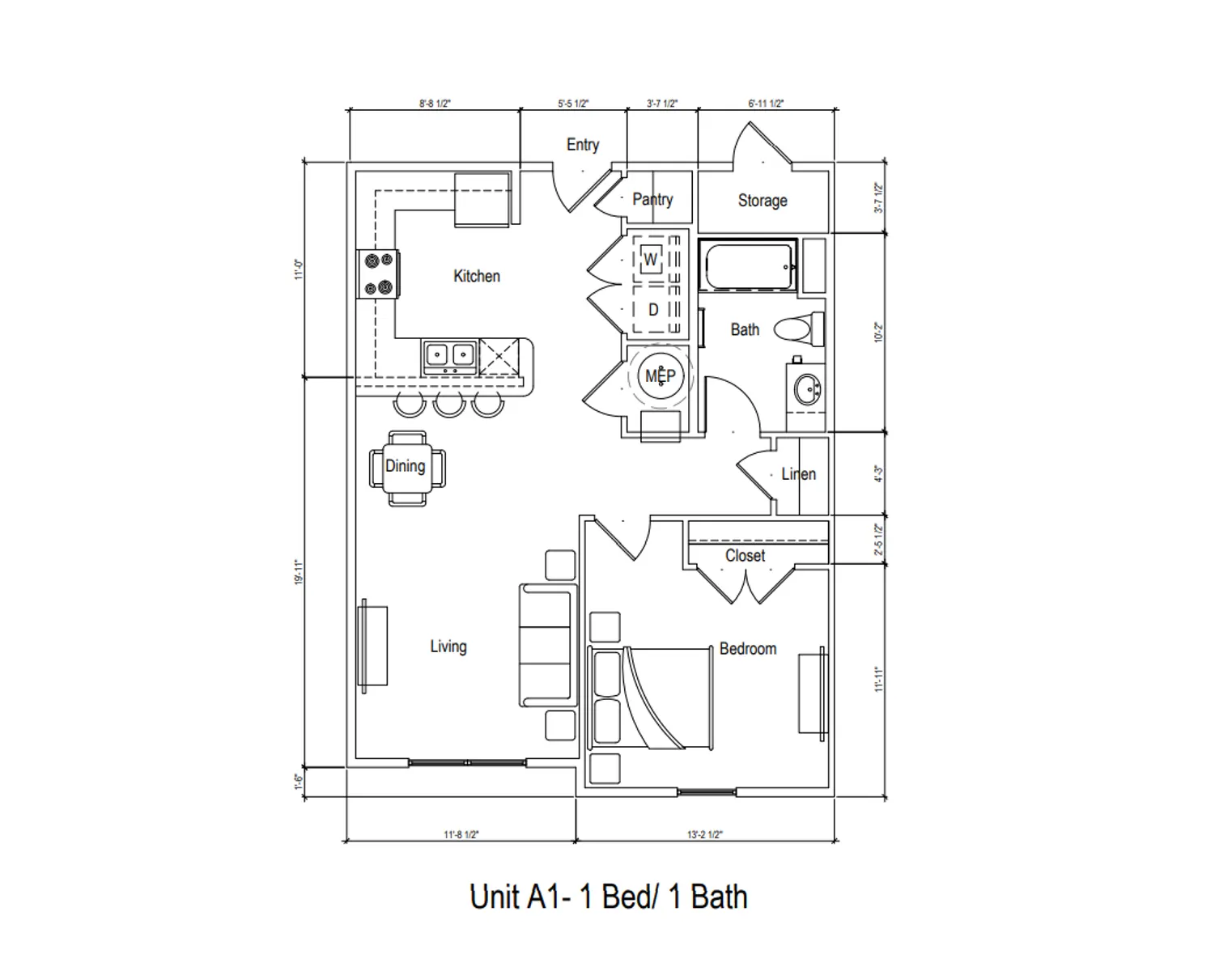 Floor plan of a one-bedroom, one-bath apartment unit labeled A1, featuring an entry, kitchen, pantry, living area, dining area, bath, closet, and storage.
