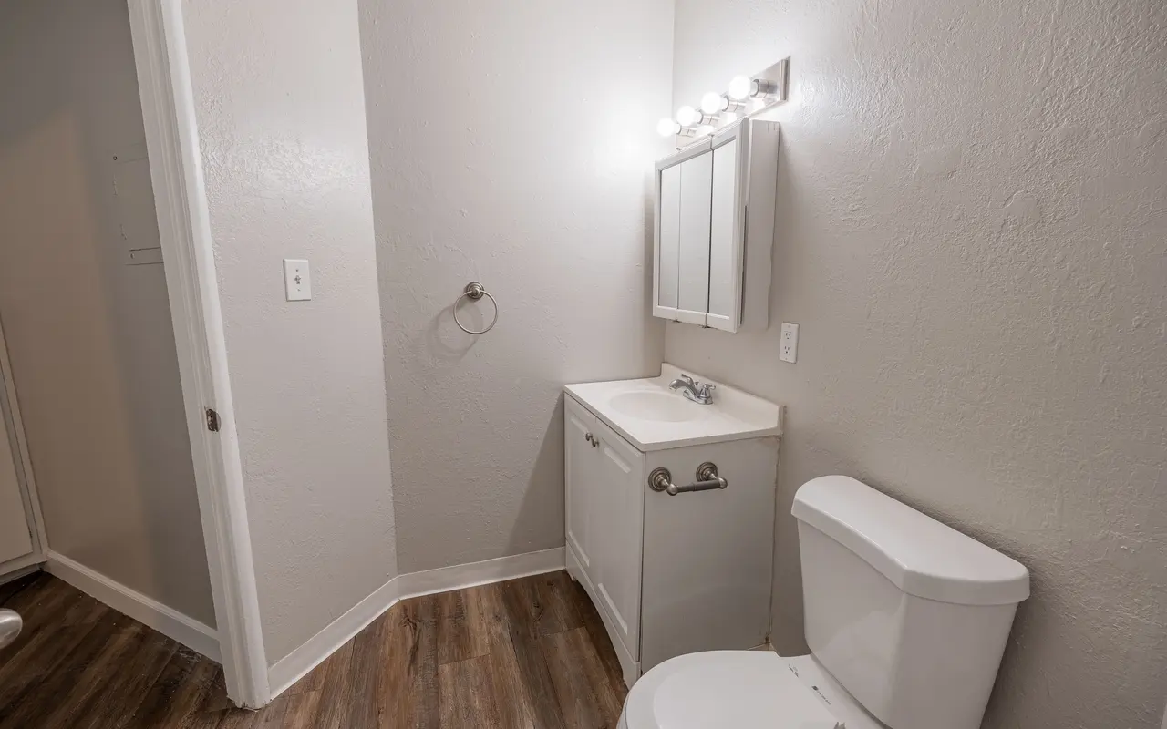 A clean and modern bathroom featuring a toilet, a vanity with a sink, and a large mirror. Light-colored walls and wooden flooring enhance the spaciousness.