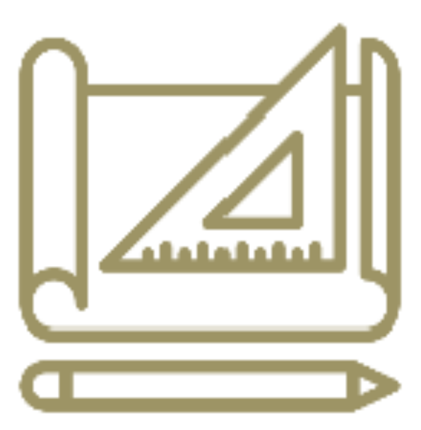 An icon representing architectural design tools, featuring a triangle ruler, rolled up paper, and a pencil.