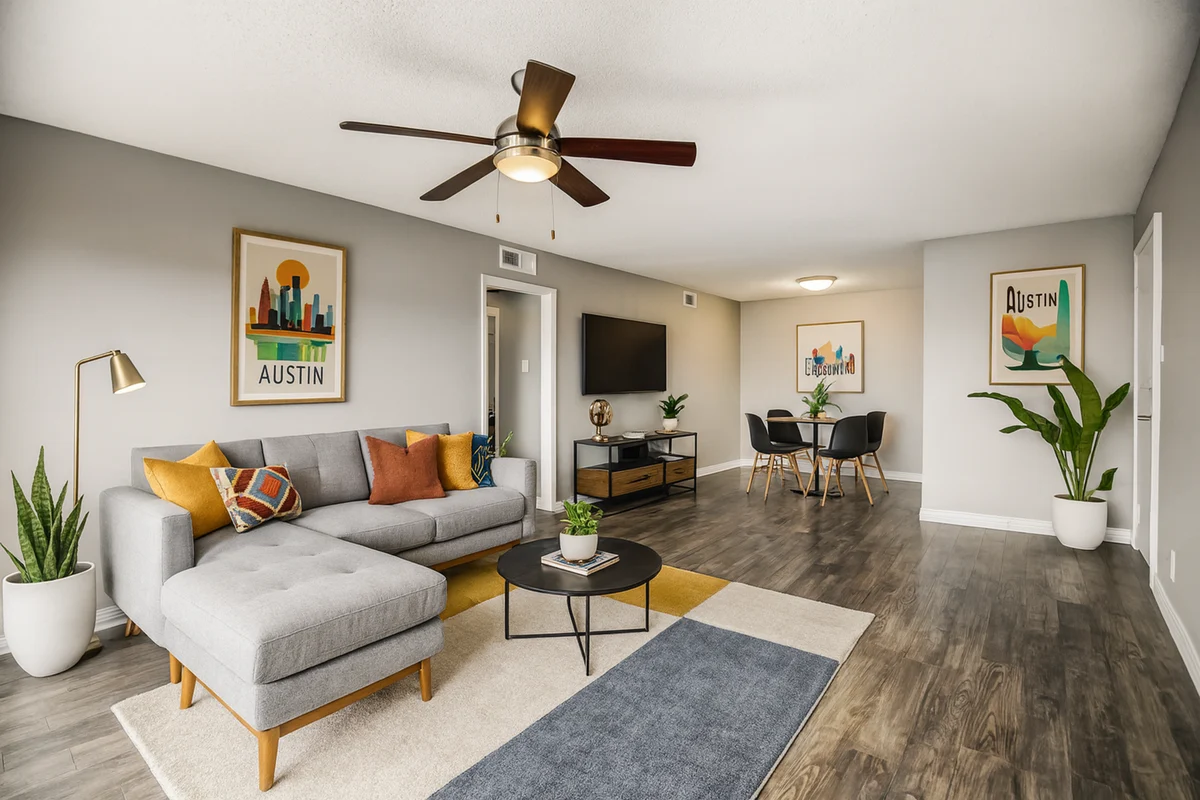 A modern living room featuring a gray sectional sofa, a round coffee table, and framed art on the walls representing the city of Austin. The room has light wood flooring and potted plants for decoration.