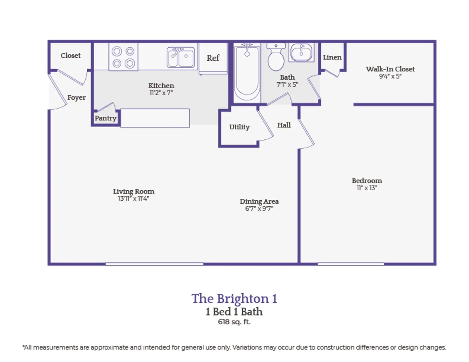 A floor plan layout for an apartment named The Brighton 1, featuring 1 bedroom and 1 bathroom with specified dimensions for each room.