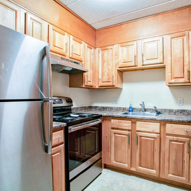 A modern kitchen featuring stainless steel appliances, wooden cabinets, and a granite countertop.