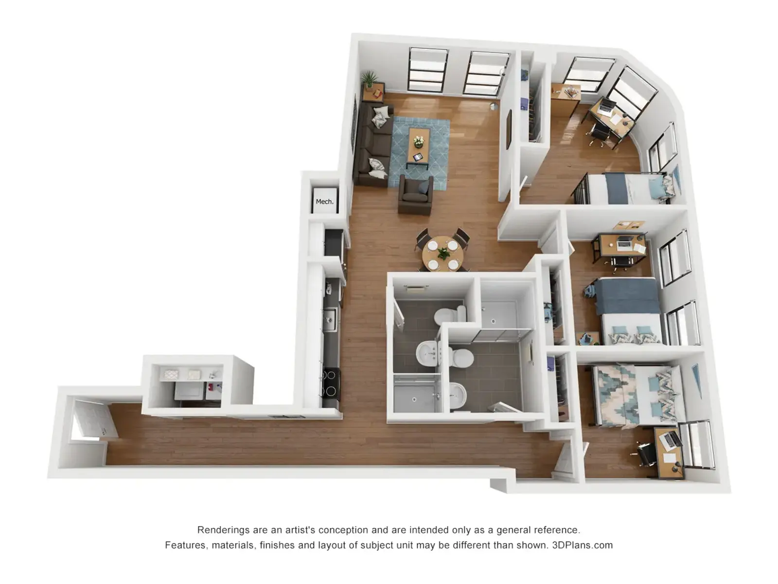 3D rendering of an apartment layout featuring a living area, kitchen, dining space, and two bedrooms with a shared bathroom.