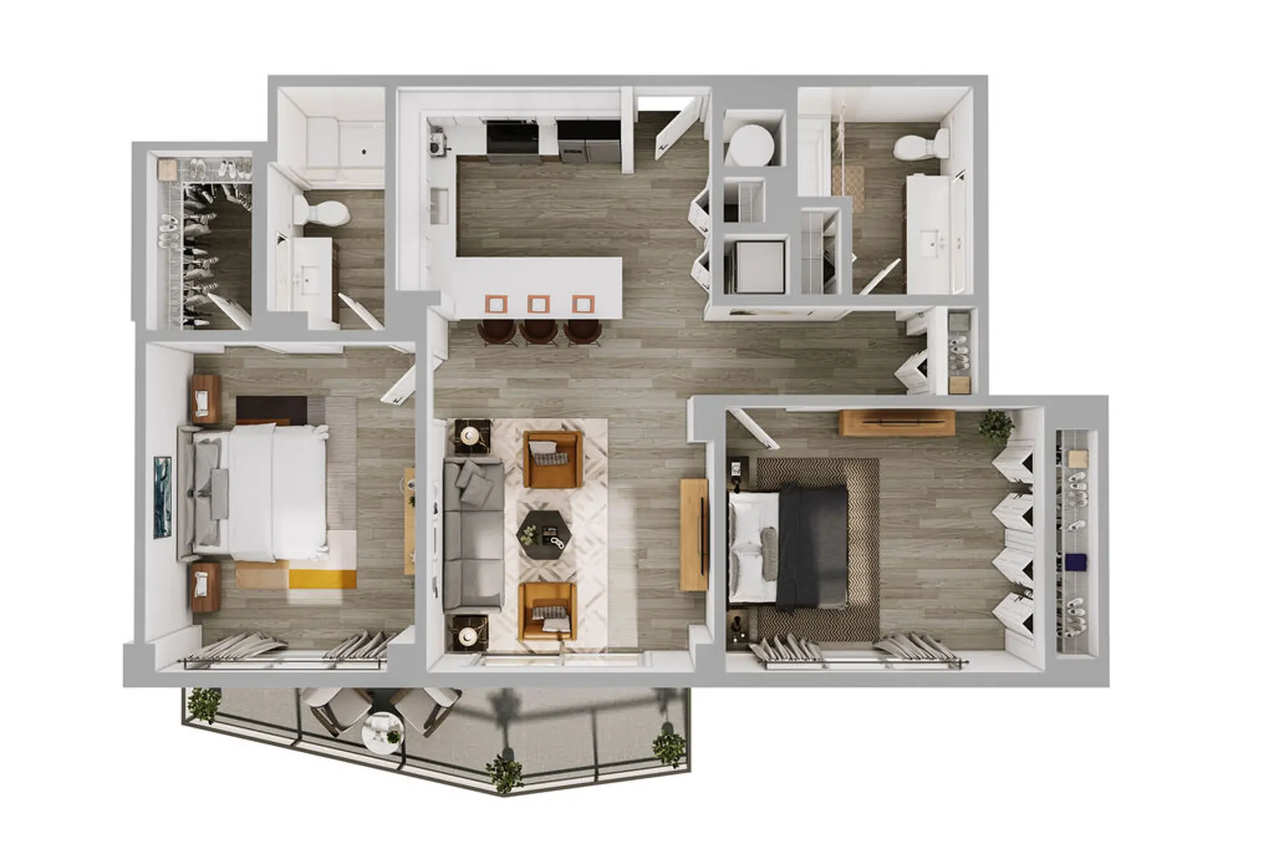 A top-down view of a two-bedroom apartment layout, showcasing a living area, dining space, kitchen, and two bedrooms with adjoining bathrooms.