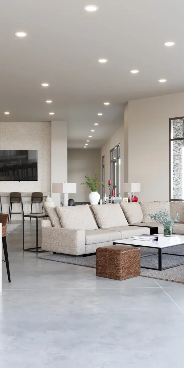 Modern Open Living Area A modern, spacious living area with an open layout featuring comfortable seating, a large kitchen island, and ample natural light through large windows.