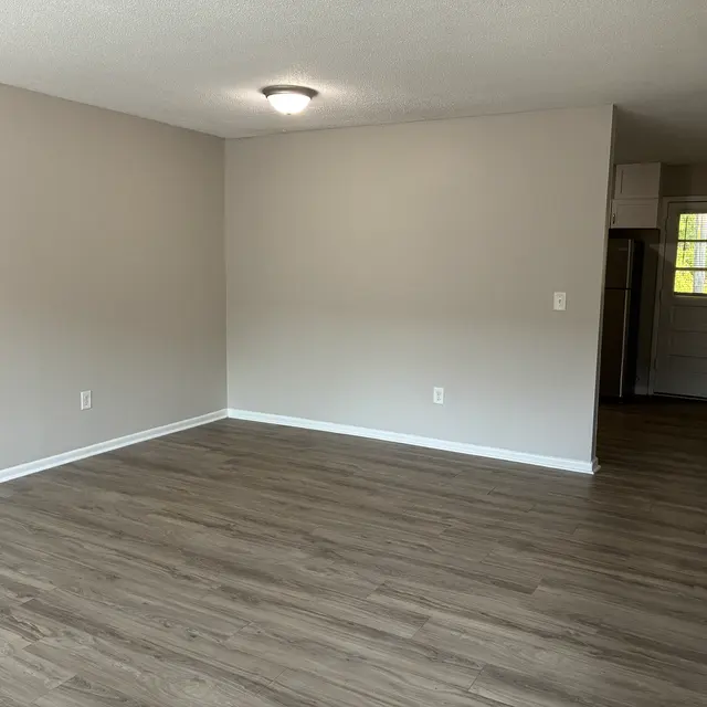 Spacious Empty Living Room A spacious empty room with light brown wooden flooring, painted in neutral colors, and a ceiling light. A doorway leads to another area in the background.